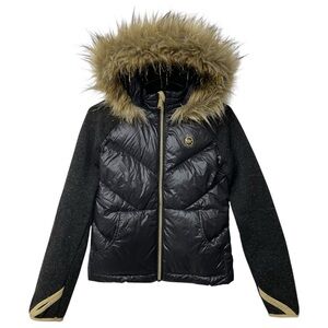 Michael Kors Zip-Up Faux-Fur-Trimmed Hood Puffer Coat Black Winter Jacket 14